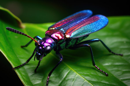 close-up of a vibrant iridescent beetle on a leaf, created with generative aiの素材