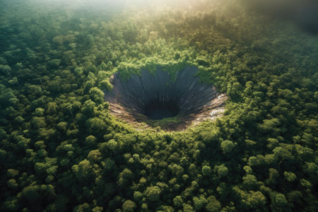 drone view of an impact crater in lush forest, created with generative aiの素材