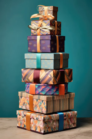 stack of gift boxes wrapped in various patterns, created with generative aiの素材