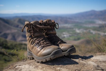 hiking boot, with a view of the mountains in the background, created with generative aiの素材