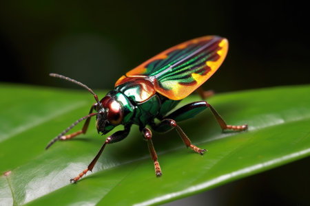 a shiny metallic jewel bug on a green leaf, created with generative aiの素材