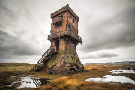 collapsed watchtower against cloudy sky, created with generative aiの素材