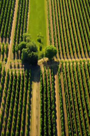 aerial view of a symmetrically planted vineyard, created with generative aiの素材