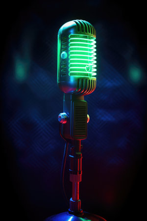 microphone with on air sign glowing in the dark, created with generative aiの素材