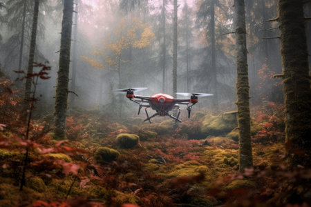 drone equipped with 3d mapping technology over forest, created with generative aiの素材