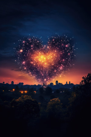 glowing heart-shaped firework in night sky, created with generative aiの素材