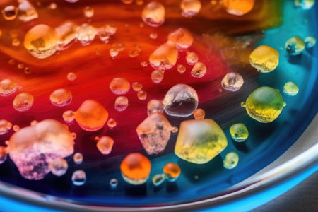 close-up of colorful bacteria colonies on petri dish, created with generative aiの素材