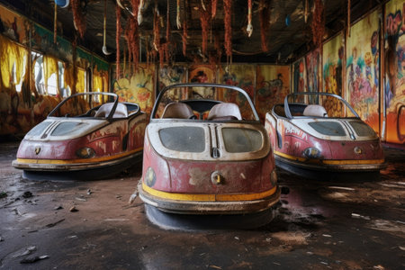 abandoned bumper cars with cracked paint, created with generative aiの素材