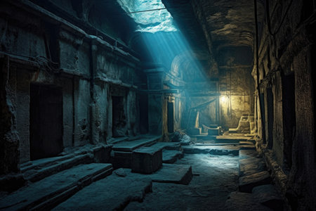 shadowy chambers in an ancient underground city, created with generative aiの素材