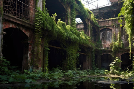 an old, crumbling brick factory with ivy crawling up its walls, created with generative aiの素材