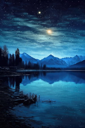 tranquil lake reflecting a starry night sky, created with generative aiの素材