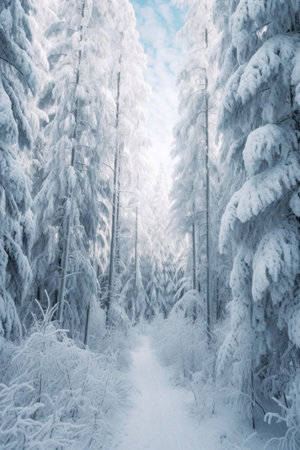 snow-covered pine trees in a winter wonderland, created with generative aiの素材