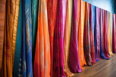 colorful silk saree borders on display, created with generative aiの素材