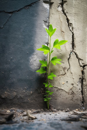 green plant growing through a crack in concrete, created with generative aiの素材