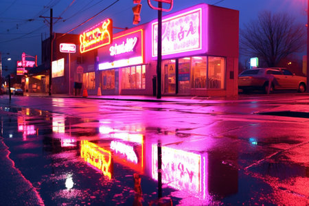 glowing neon signs reflecting on wet streets, created with generative aiの素材
