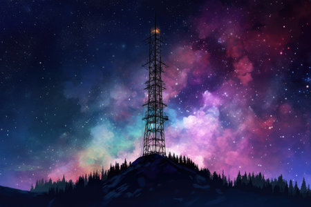 5g tower against a starry night sky, created with generative aiの素材