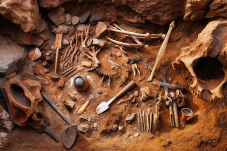 dinosaur bone excavation site with tools nearby, created with generative aiの素材