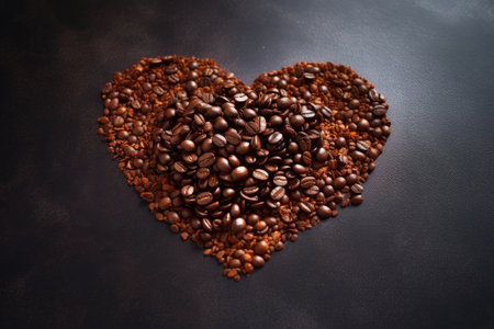 coffee beans forming a heart shape on a dark surface, created with generative aiの素材