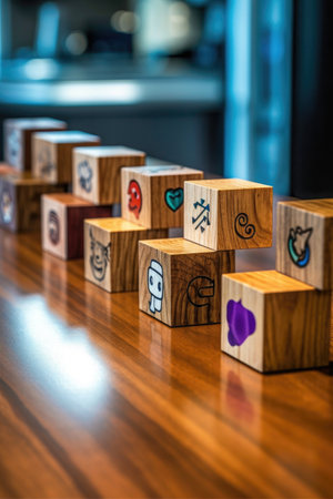 social media logos on wooden cubes in a row, created with generative aiの素材