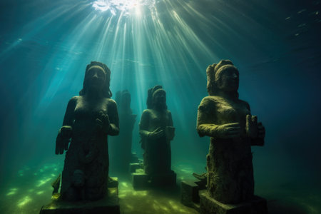 underwater statues lit by rays of sunlight, created with generative aiの素材