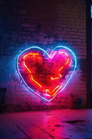 glowing heart-shaped neon sign on a brick wall, created with generative aiの素材