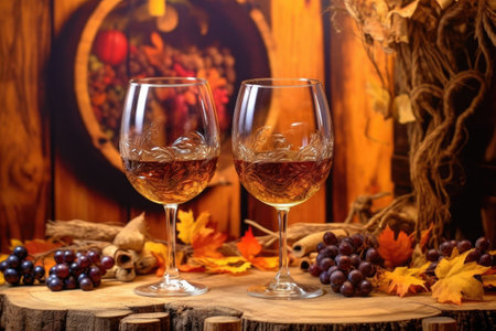 wine glasses on a rustic wooden table with grapevine background, created with generative aiの素材