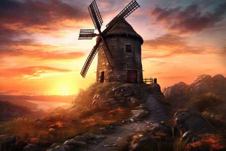 ancient stone windmill on hill at sunset, created with generative aiの素材