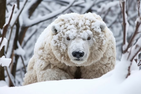 polar bear camouflaged in snow, ready to pounce, created with generative aiの素材