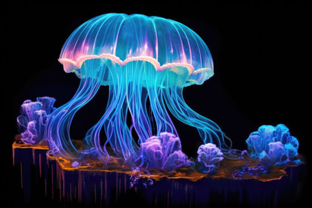 bioluminescent jellyfish floating near coral reef, created with generative aiの素材