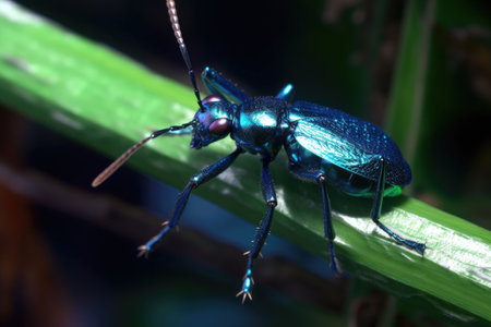 metallic blue beetle climbing a green stem, created with generative aiの素材