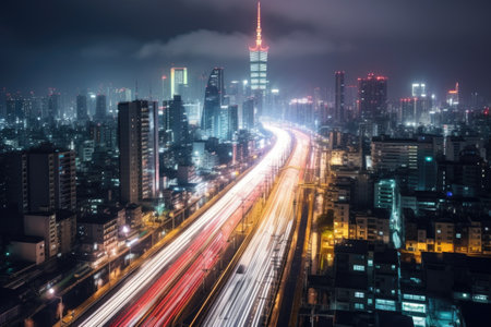 long exposure shot of tokyo cityscape at night, created with generative aiの素材