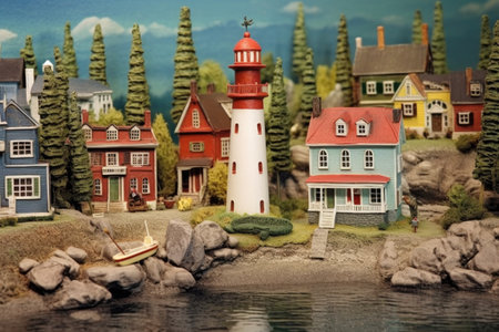 miniature coastal village with lighthouse and boats, created with generative aiの素材