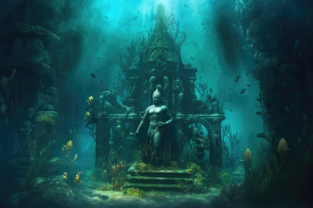 underwater statue scene with a mysterious aura, created with generative aiの素材