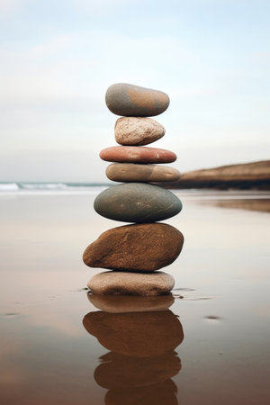 stack of smooth, balanced stones on a beach, created with generative aiの素材