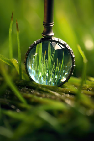 tiny dewdrops on a blade of grass under magnifying glass, created with generative aiの素材