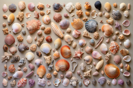 collection of rare seashells on a sandy background, created with generative aiの素材