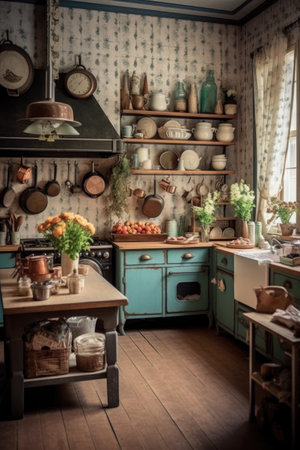 vintage kitchen with rustic decorations, created with generative aiの素材