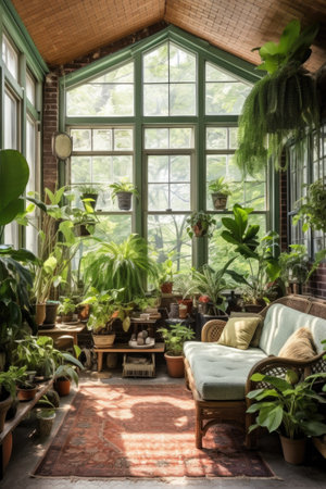 bright sunroom filled with lush green plants, created with generative aiの素材