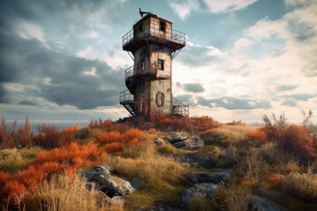 abandoned watchtower overlooking test zone, created with generative aiの素材