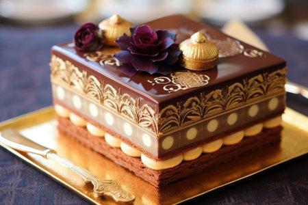 a close-up of a beautifully decorated opera cake, created with generative aiの素材
