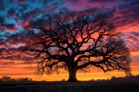 silhouette of oak tree against colorful sunset, created with generative aiの素材
