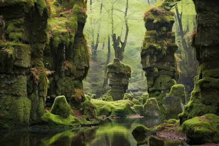 moss-covered rock formations in a tranquil setting, created with generative aiの素材