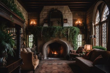 wide shot of a grand stone fireplace in a historic home, created with generative aiの素材