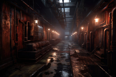 a gloomy, shadowy corridor in a forsaken factory, created with generative aiの素材