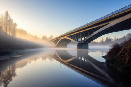 modern bridge spanning over foggy river in morning light, created with generative aiの素材
