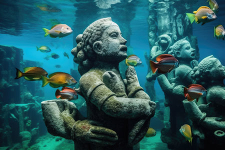 underwater statues surrounded by colorful fish, created with generative aiの素材