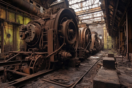 rusting machinery in a long-forgotten industrial warehouse, created with generative aiの素材