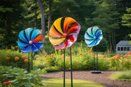 colorful spinning wind sculptures in a garden, created with generative aiの素材