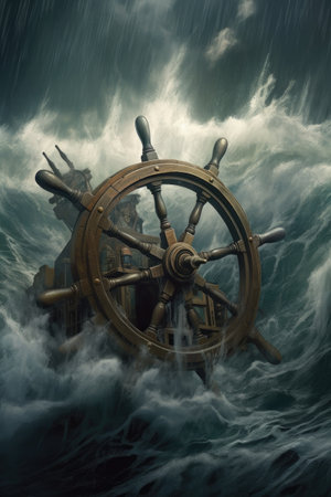 a ships helm steering through the stormy sea, created with generative aiの素材