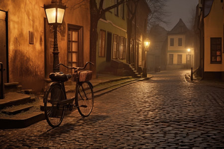 vintage bike on cobblestone street with lamp post, created with generative aiの素材